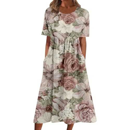 Womens Boho Floral Flowy Midi Dresses Casual Loose Summer Short Sleeve Beach Dress with Pockets