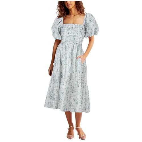 Summer Dresses for Women UK, Women's Flower Print Maxi Dress Short Puff Sleeve Square Neck Smocked Tiered Bohemian Flowy Dress Beach Long Dress Ladies Plus Size Tunic Dresses Floral Dress