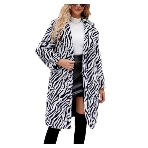 QREXVOG Women's Fur Faux Fur Jackets Coats Winter Warm Lapel Faux Fur Zebra Print Plush Long Coat Fuzzy