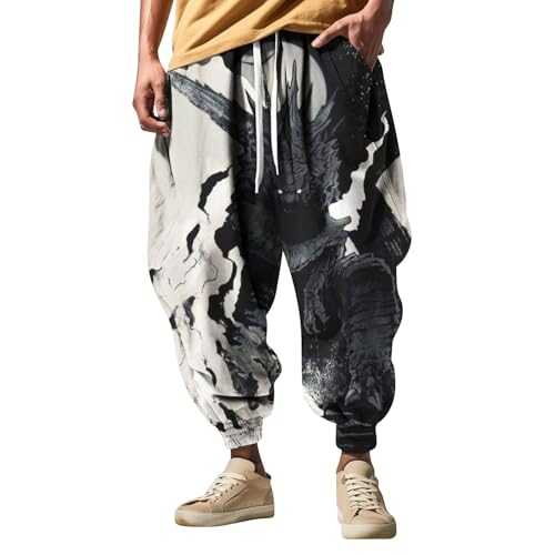 Harem Pants Mens Bohemia 3D Printed Combat Trousers for Men UK Chef Trousers Loose Tapered Legs Tracksuit Bottoms Men Walking Trousers Mens Joggers Sweatpants Flex & Breathable & Comfortable