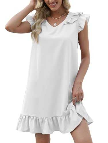 Famulily Women's Summer Short Dress Sexy V Neck Ruffle Hem Flowy Mini Dresses Elegant Sun Dress