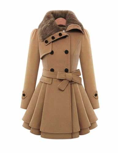 xxxiticat Women's Double Breasted Trench Coat Long Sleeve Faux Fur Lapel Flared Hem Belted Winter Warm Jacket Overcoat