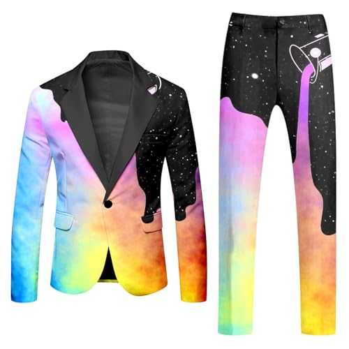 Mymyguoe Rainbow Suits Men's Suit 2-Piece Slim Fit Men's Suit Rainbow Blazer Suit Trousers Two Piece Set Fashionable Party Rainbow Suits Neon Theme Party Outfit Disco Night Club Performance Set