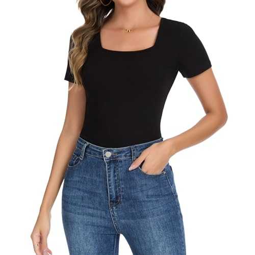 Joyshaper Ladies Tops Womens Summer T Shirts Slim Fit Square Neck Short Sleeve Blouses Ribbed Tee