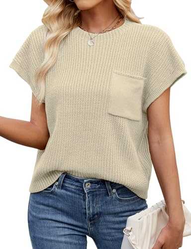 Akiooue Womens T Shirts Ladies Short Sleeve Summer Knit Tops Casual Loose Crew Neck Tunic Blouse Shirt with Pockets