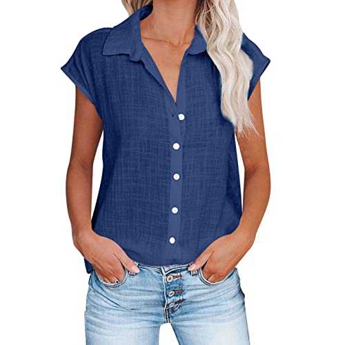 Tops for Women UK Summer Blouse Lapel Cotton Linen Shirts Button Up T-Shirt Cap Sleeve Tunic Tops Solid Casual Dressy Tops V Neck Tunci Party Blouse Tee Shirts Going Out Work Office