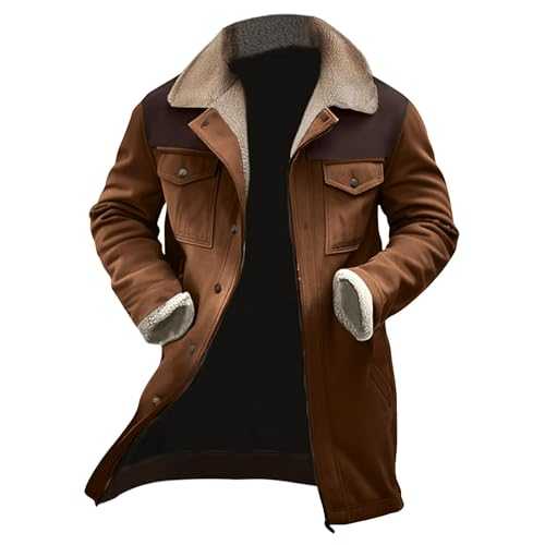 Mens Fleece Lined Jackets Vintage Suede Winter Warm Men Coat Mid-Length Fashion Casual Padded Overcoat with Pockets Windproof Mens Trench Coat Wool Color Block Long Sleeve Windbreaker Jacket New