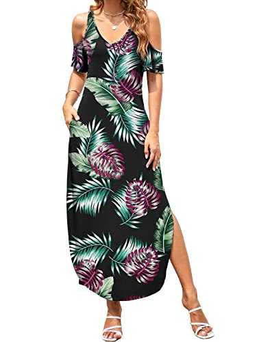 HUSKARY Women's Summer Maxi Dresses V Neck Cold Shoulder Short Sleeve Casual Loose Long Split Dress with Pocket