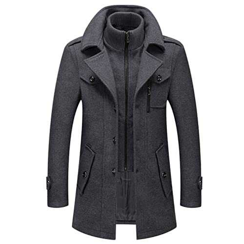 Lu's Chic Men's Wool Trench Coat Winter Business Casual Zip Up Jacket Slim Fit Top Coat Single Breasted Peacoat