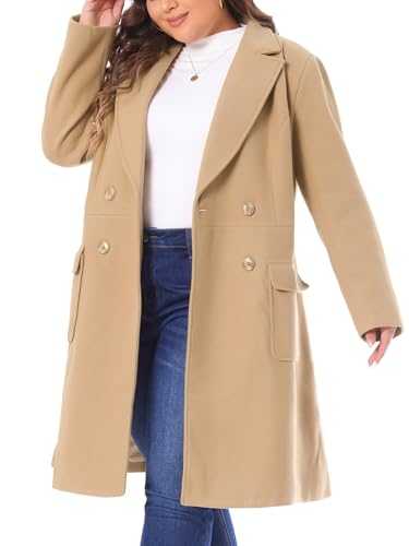 Agnes Orinda Women's Plus Size Long Winter Coats Notch Lapel Double Breasted Pea Trench Coats