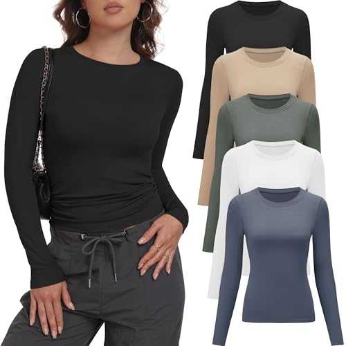 miijoory 3/5 Pack Womens Long Sleeve T Shirts Crew Neck Basic Skim Fitted Y2K Tops Crop Top Casual Going Out Fashion Stretchy Clothes
