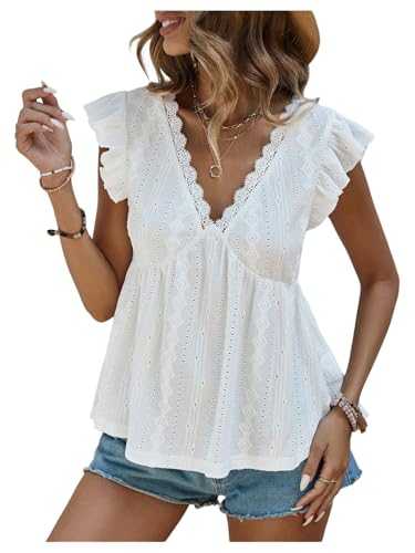 GORGLITTER Women's Boho Lace Flared Peplum Tops V Neck Ruffle Cap Sleeve Eyelet Embroidery Summer T Shirts