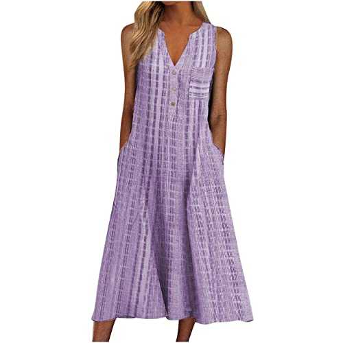 Boho Dresses for Women UK Clearance Italian Linen Dresses Sleeveless Button V Neck Dresses with Pocket Plaid Casual Sundress Swing Midi Dress Loose Fit Pullover Dress Lounge Dress Beach Dresses