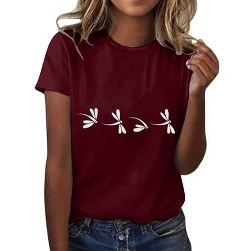 HOOUDO Women Short Sleeve Scoop Neck Shirts Comfy Pattern T-Shirt Plus Size Baggy Top Vintage Essential Pullover for Yoga