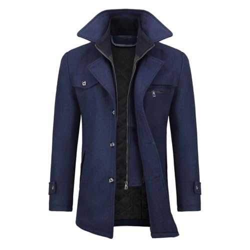 Mens Winter Padded Coat Wool Trench Overcoat Mid Length Coat Jacket Casual Slim Fit Coat Jacket
