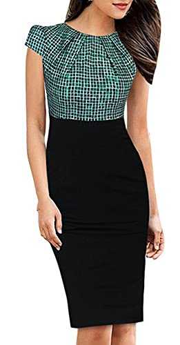 HOMEYEE Women's Vintage Crew Neck Floral Print Bodycon Business Pencil Dress B316(UK 8 = Size S, Green Grid)