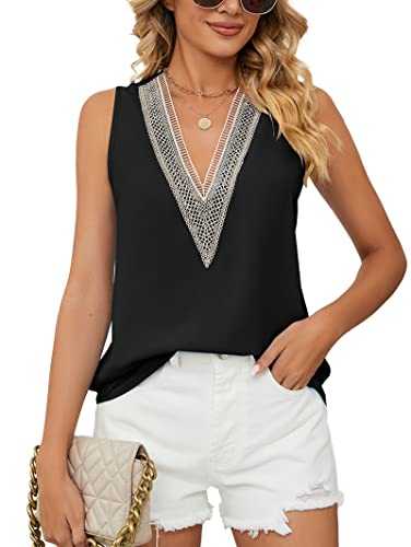 Famulily Women's Lace Trim V Neck Tank Tops Sleeveless Summer Casual Chiffon Vests Blouse Shirts