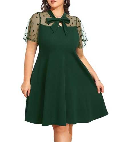 Pinup Fashion Women's Plus Size Contrast Mesh Short Sleeve Bow Tie Neck Cocktail Party Elegant A-Line Dress