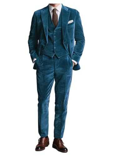 Pkrboro Men's Corduroy Suit Three Pieces Single Breasted Button Notch Lapel Set Wedding Groomsmen Tuxedos