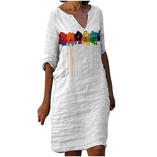 Womens Dresses Linen Dresses Clearance Summer V Neck 3/4 Sleeve Floral-Butterfly/Solid Knee-Length Dress Loose Casual T Shirt Dresses Mini Sundress Ladies Dress Boho Beach Midi Flowy Dresses