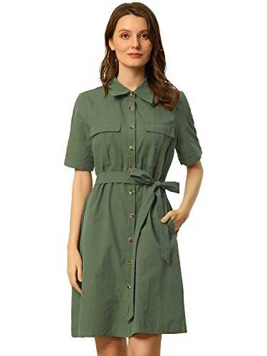 Allegra K Women's Safari Dresses Summer Cotton Short Sleeve Belted Button Down Shirtdress