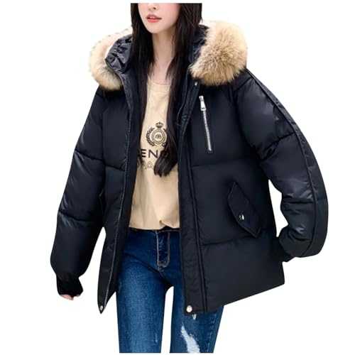 HAOLEI Ladies Winter Coats UK Parkas Jacket Clearance Womens Thickened Windproof Outerwear with Fur Hood Puffer Down Padded Coat Warm Quilted Jacket Faux Fur Trim Coat