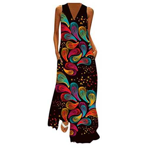 AMDOLE Dress Pockets Cotton Dress Sleeveless Summer with Party Pockets Print Women Dress Cami V Neck Maxi Women's Dress V Neck Summer Dress