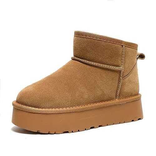 Women's Classic Ultra Mini Ankle Boot, Platform Snow Boots, Comfortable Warm Suede Leather Winter Short Ankle Boots Faux Fur Lined Outdoor Anti-Slip Snow Boots