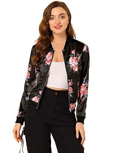 Allegra K Women's Stand Collar Lightweight Zip Up Floral Bomber Jacket