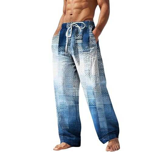 Men Linen Trousers Summer Mens Hippy Trousers Uk Plaid Pants Elasticated Waist Sweatpants Tie-Dye Printed Trousers With Pockets Breathable Tracksuit Bottoms Wide Leg Trousers For Men Uk