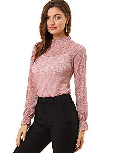 Allegra K Women's Crochet Lace See Through Top Ruffle Frill Neck Floral Elegant Blouse