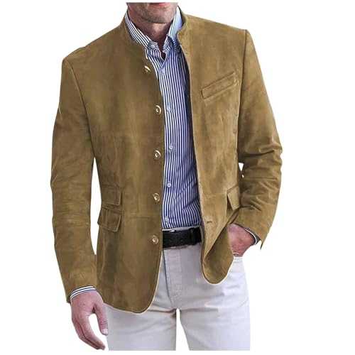 Men's Casual Stand Collar Blazer Elegant Lapel Pocket Long Sleeve Suede Jacket Casual Slim Button Suit Business Blazer Jacket Vintage Corduroy Sport Coat Long Sleeve Single Breasted Blazer