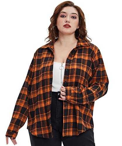 RITERA Plus Size Top For Womens Long Sleeve Button Down Plaid Shirt Casual Checkered Blouse XL-5XL, 591-black Orange Plaid, 3XL