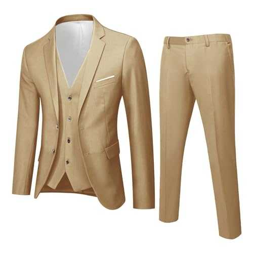 Men's Classic 3 Piece Suit Blazer, Comfortable Business Casual Wedding Party Jacket Vest, Silm-Fit Straight Long Leg Trousers