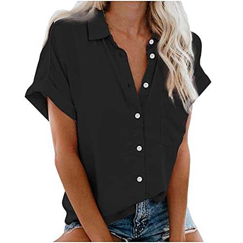 Women's Spring-Summer Blouse Sleeve Blouse Short Casual Popular Fashion Tee Tops(S 3XL) Pocket Button Womens Women's T Shirts Tshirts Women UK