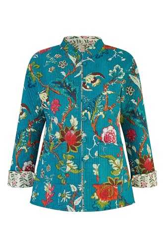 Yumi Teal Floral Print Reversible Cotton Quilted Jacket