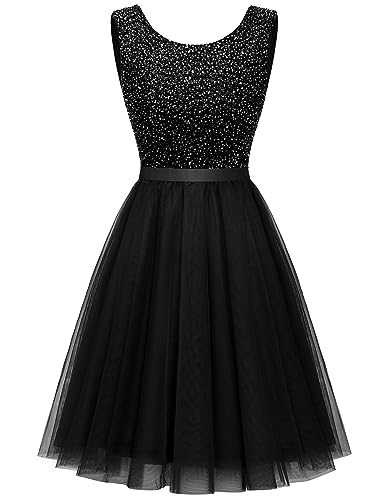 Berylove Sequin Dress Vintage A Line Wedding Formal Swing Tulle Dress Sleeveless Cocktail Mini Dress Tulle Dress