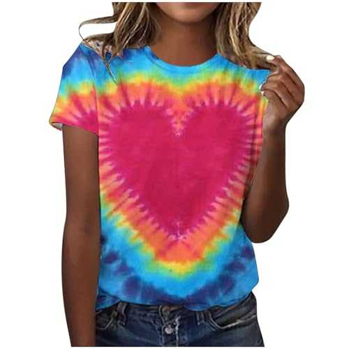 AMhomely Summer Tops for Women UK Clearance Ladies Tie Dye Tops Plus Size Rainbow Gradient Tunic Tops Blouse Crewneck Casual Pullover Shirts Loose Sports Tee Shirts Active Athletic Blouse