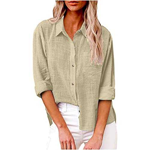 Womens Tops Clearance Womens Button Down Shirt Casual Cotton Linen Shirts Long Sleeve Dress Shirts Ladies Tops Loose Fit Dressy Pullover Blouse Office Work Blouses Tops with Pocket