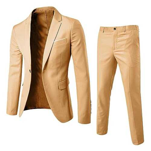 Ruamilyy Suit Set Men's Slim Fit 2-Piece Jacket and Trousers Men's Business Wedding Suit Work and Leisure Men's Suit Plain Blazer with One Button for New Year's Eve Party, khaki, S