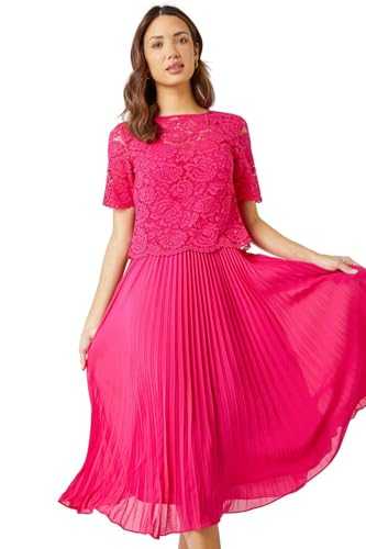 Roman Originals Lace Pleated Dress for Women UK - Ladies Swing Midi A-line Ball Cotton Special Occasion Party Formal Wedding Guest Mother of The Bride Groom Fit & Flare Gowns