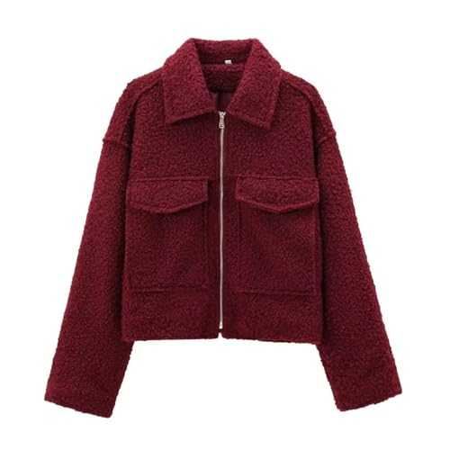 Xunger Women’s Lapel Collar Oversized Wool Blend Jackets Zip Up Casual Short Varsity Pea Coat with Pockets