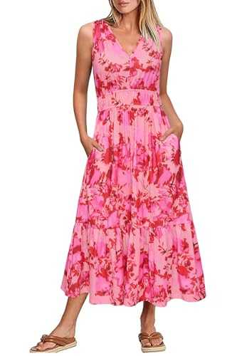 Newshows Women's Summer Dress V Neck Sleeveless Flowy Tiered Casual Beach Midi Sundress with Pockets