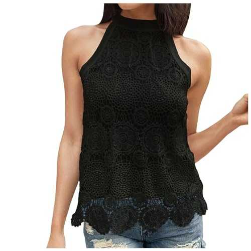 Tank Tops Women's Pack Sleeveless Tops for Women, Blouse with Lace Collar, Tank Top with Crew Neck and Plain Lace Pullover Glitter Women