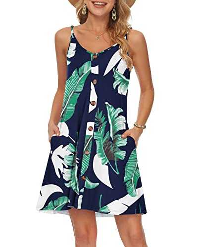 WNEEDU Womens Summer Dress Spaghetti Strap Dresses Beach Cover Ups Casual V Neck Mini Sundress with Pockets