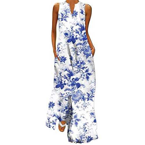 AMDOLE Swim Dresses for Women UK Sleeveless Size Daily Print Maxi Neck Vintage Women's Dress Summer Loose Elegant Long Dress Sleeveless Split Beach Floral Dresses Women Dresses