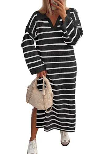 MEROKEETY Women's 2024 Long Sleeve Striped Sweater Dress V Neck Collared Slit Casual Knit Maxi Dresses