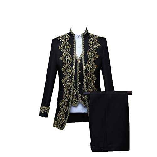 Men's Gold Inlaid Court Dress Men Vest Three-Piece Performance Costume Black and White Opera Stage Show Slim Fit Suit