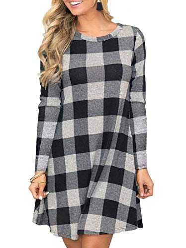 MIROL Women's 3/4 Sleeve Plaid Color Block Casual Swing Knee Length Dress