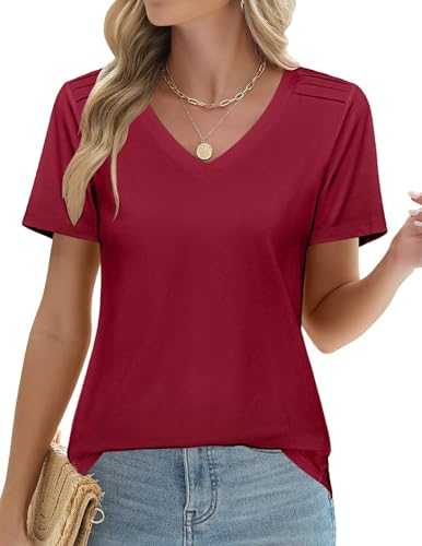 Zeagoo T Shirts for Women Short Sleeve Tops Casual Pleated Shirts Tops Sommer Basic T-Shirts Solid Color V Neck Blouses Dressy Tunika Tops S-XXL